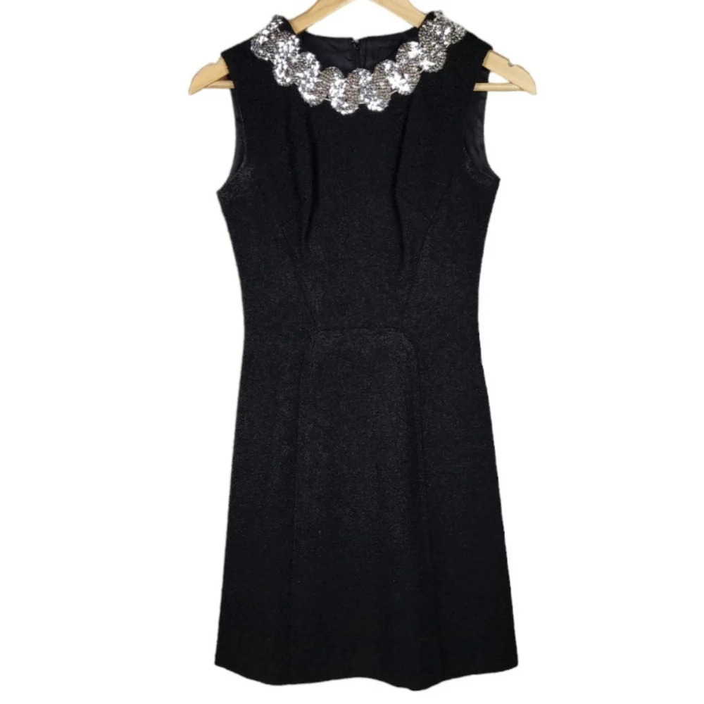 Vintage Leumann Italian Made Crepe Fit and Flare Dress Black Sequin Collar